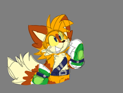Size: 1440x1080 | Tagged: safe, artist:klonoadoortophantomile, miles "tails" prower, fox, belt, eyelashes, grey background, looking up, male, redesign, simple background, sketch, smile, solo, standing, yellow sclera