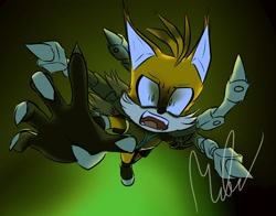 Size: 2048x1607 | Tagged: safe, artist:gaymaramada, miles "tails" prower, nine, fox, sonic prime, angry, fangs, gradient background, leaping, looking at viewer, male, mouth open, reaching towards the viewer, redraw, shrunken pupils, signature, this will end in injury and/or death