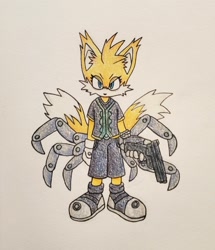 Size: 1758x2048 | Tagged: safe, artist:carmenpeach, miles "tails" prower, nine, fox, sonic prime, angry, eyelashes, gun, holding something, looking at viewer, male, solo, standing, traditional media