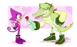 Size: 2048x1269 | Tagged: safe, artist:drunkin-kong-donic, espio the chameleon, vector the crocodile, abstract background, blushing, duo, frown, gay, heart, holding something, male, males only, present, rose, shipping, signature, smile, valentine's day, vecpio