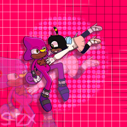 Size: 2048x2048 | Tagged: safe, artist:majinesis, charmy bee, espio the chameleon, abstract background, brother and sister, duo, female, flying, heels, imminent hugging, jacket, looking at each other, male, siblings, sitting, skirt, smile, top surgery scars, trans female, trans male, transgender
