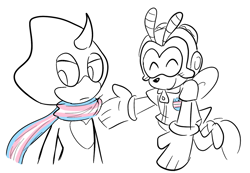Size: 1222x846 | Tagged: safe, artist:infizero-draws, charmy bee, espio the chameleon, duo, flying, frown, male, males only, scarf, simple background, standing, trans male, trans pride, transgender, white background