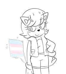 Size: 1126x1263 | Tagged: safe, artist:infizero-draws, sally acorn, chipmunk, beanbrows, blushing, eyebrows clipping through hair, female, hologram screen, simple background, smile, solo, standing, trans female, trans pride, transgender, white background