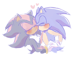 Size: 1040x799 | Tagged: safe, artist:venusinta, shadow the hedgehog, sonic the hedgehog, hedgehog, blushing, cute, eyes closed, gay, heart, holding hands, kiss on cheek, male, males only, shadow x sonic, shadowbetes, shipping, simple background, smile, sonabetes, standing, wagging tail, white background