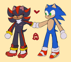 Size: 2048x1790 | Tagged: safe, artist:m9nwh0r3, shadow the hedgehog, sonic the hedgehog, hedgehog, duo, frown, gay, heart, holding hands, lidded eyes, looking at them, male, shadow x sonic, shipping, simple background, smile, standing, top surgery scars, yellow background, yellow sclera
