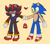 Size: 2048x1790 | Tagged: safe, artist:m9nwh0r3, shadow the hedgehog, sonic the hedgehog, hedgehog, duo, frown, gay, heart, holding hands, lidded eyes, looking at them, male, shadow x sonic, shipping, simple background, smile, standing, top surgery scars, trans male, transgender, yellow background, yellow sclera