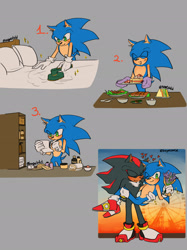 Size: 2048x2736 | Tagged: safe, artist:hopechild, shadow the hedgehog, sonic the hedgehog, hedgehog, bed, blushing, cleaning, duo, ferris wheel, flower bouquet, food, gay, grey background, heart, holding something, male, males only, paper, pen, shadow x sonic, shipping, signature, simple background, smile, sparkles, standing