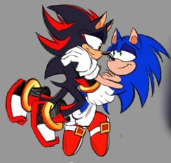 Size: 703x668 | Tagged: safe, artist:rafael-ashkkk, shadow the hedgehog, sonic the hedgehog, hedgehog, chest fluff, duo, gay, grey background, holding each other, lidded eyes, looking at each other, shadow x sonic, shipping, simple background, smile, tears of happiness