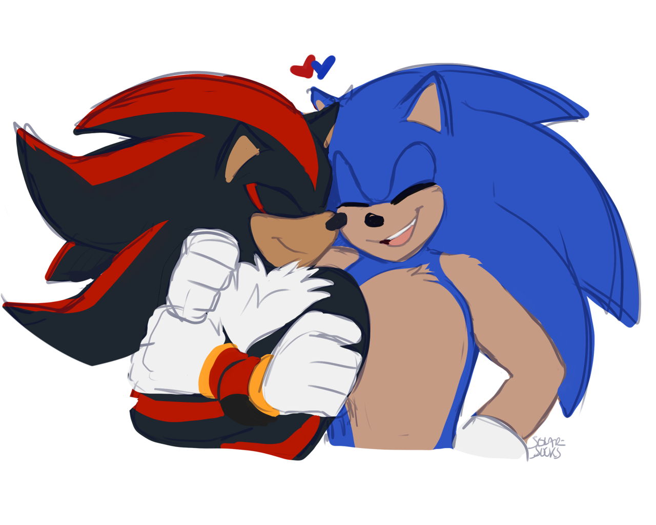 9421 - safe, artist:onlyastraa, shadow the hedgehog, sonic the hedgehog,  abstract background, blushing, blushing ears, duo, duo male, eyes closed,  frown, gay, heart, holding hands, holding them, kiss, licking lips, lidded  eyes