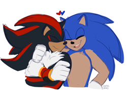 Size: 2048x1638 | Tagged: safe, artist:solar socks, shadow the hedgehog, sonic the hedgehog, hedgehog, arm around shoulders, arms folded, bust, duo, eyes closed, gay, heart, male, males only, mouth open, shadow x sonic, shipping, signature, simple background, smile, standing, white background