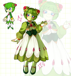 Size: 1810x1923 | Tagged: safe, artist:moyabeanz, cosmo the seedrian, seedrian, blushing, dress, female, looking at viewer, redesign, reference inset, smile, solo, sonic x, sparkles, star (symbol)