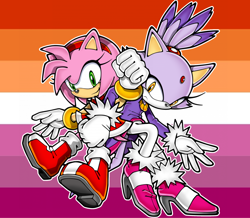 Size: 2048x1784 | Tagged: safe, editor:sonicnewschannel, amy rose, blaze the cat, cat, hedgehog, amy x blaze, amy's halterneck dress, blaze's tailcoat, duo, edit, female, females only, lesbian, lesbian pride, linking arms, outline, pride, pride flag background, shipping