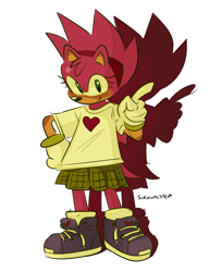Size: 1627x1996 | Tagged: safe, artist:survivalstep, amy rose, hedgehog, female, fleetway amy, looking at viewer, pointing, shadow (lighting), signature, simple background, smile, solo, standing, transparent background