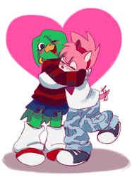 Size: 1535x2048 | Tagged: safe, artist:nanabready, amy rose, tekno the canary, bird, hedgehog, abstract background, blushing, canary, clothes, duo, eyes closed, fleetway amy, heart, hugging, lesbian, looking at them, mouth open, one eye closed, shadow (lighting), shipping, smile, teknamy, wagging tail