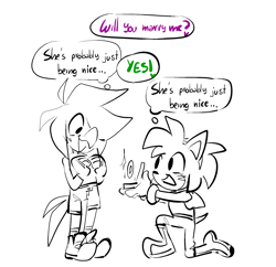 Size: 1904x1840 | Tagged: safe, artist:jorrated, amy rose, tekno the canary, bird, hedgehog, blushing, canary, dialogue, duo, english text, female, females only, fleetway amy, lesbian, proposal, shipping, simple background, smile, speech bubble, teknamy, thought bubble, white background