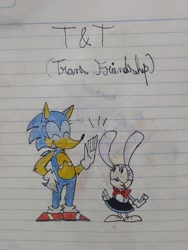 Size: 1536x2048 | Tagged: safe, artist:transgender-battlekukku, feels the rabbit, sonic the hedgehog, hedgehog, rabbit, bowtie, duo, english text, eyelashes, eyes closed, female, looking at them, male, skirt, smile, standing, top surgery scars, traditional media, trans female, trans male, transgender