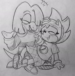 Size: 2029x2048 | Tagged: safe, artist:pokemon22551, amy rose, tekno the canary, bird, hedgehog, blushing, canary, duo, eyes closed, female, females only, fleetway amy, laughing, lesbian, mouth open, pencilwork, shipping, sitting, sitting on them, teknamy, traditional media