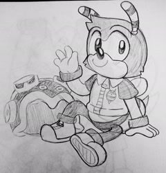 Size: 1964x2048 | Tagged: safe, artist:pokemon22551, charmy bee, bee, blushing, hat off, looking offscreen, male, pencilwork, sitting, smile, solo, traditional media, waving
