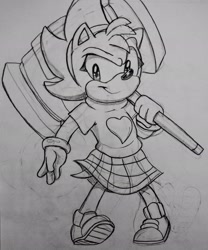 Size: 1707x2048 | Tagged: safe, artist:pokemon22551, amy rose, hedgehog, eyelashes, female, fleetway amy, holding something, looking at viewer, pencilwork, piko piko hammer, smile, solo, standing, traditional media