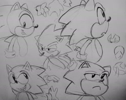 Size: 2048x1627 | Tagged: safe, artist:pokemon22551, sonic the hedgehog, hedgehog, blushing, classic sonic, clenched teeth, frown, male, mouth open, pencilwork, sketch page, smile, solo, traditional media