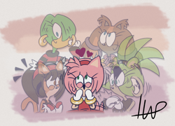 Size: 1530x1100 | Tagged: safe, artist:pattehrose, amy rose, honey the cat, sticks the badger, surge the tenrec, tekno the canary, badger, bird, cat, hedgehog, tenrec, abstract background, amy rose gets all the girls, canary, female, females only, group, heart, honamy, lesbian, lesbian pride, pride, shipping, signature, smile, sticksamy, surgamy, teknamy