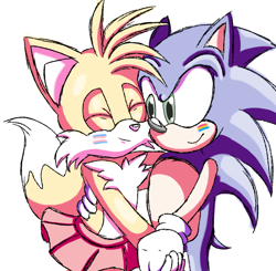 Size: 2048x2008 | Tagged: safe, artist:taeko, miles "tails" prower, sonic the hedgehog, fox, hedgehog, brother and sister, duo, eyes closed, facepaint, holding each other, holding hands, looking at them, mobius.social exclusive, pansexual, pink nose, shading practice, simple background, skirt, smile, standing, trans female, transgender, white background