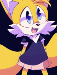 Size: 1559x2048 | Tagged: safe, ai art, artist:mobians.ai, miles "tails" prower, fox, black background, femboy, looking offscreen, male, mobius.social exclusive, mouth open, prompter:taeko, shirt, simple background, skirt, smile, solo, standing