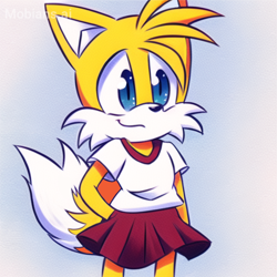 Size: 2048x2048 | Tagged: safe, ai art, artist:mobians.ai, miles "tails" prower, fox, abstract background, female, hand in pocket, looking offscreen, mobius.social exclusive, prompter:taeko, shirt, skirt, smile, solo, standing, trans female, transgender