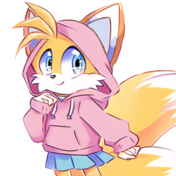 Size: 2048x2048 | Tagged: safe, artist:taeko, miles "tails" prower, fox, cute, female, hood up, hoodie, looking at viewer, mobius.social exclusive, simple background, skirt, smile, solo, standing, tailabetes, trans female, transgender, transparent background