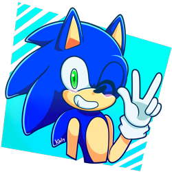 Size: 1300x1300 | Tagged: safe, artist:kjuly, sonic the hedgehog, hedgehog, 2019, blushing, bust, clenched teeth, cute, looking at viewer, male, signature, smile, solo, sonabetes, v sign, wink