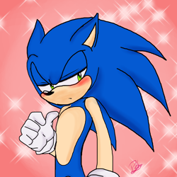 Size: 2000x2000 | Tagged: safe, artist:likepatyk2000, sonic the hedgehog, hedgehog, 2019, blushing, floppy ears, frown, gradient background, lidded eyes, looking offscreen, male, signature, solo, sparkles, standing
