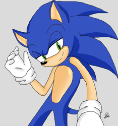 Size: 1406x1500 | Tagged: safe, artist:likepatyk2000, sonic the hedgehog, hedgehog, 2019, grey background, lidded eyes, looking at viewer, male, simple background, smile, solo, standing