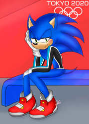 Size: 2400x3350 | Tagged: safe, artist:likepatyk2000, sonic the hedgehog, hedgehog, 2019, abstract background, bench, blushing, blushing ears, head rest, lidded eyes, male, mario and sonic at the 2020 olympic games, signature, sitting, smile, solo, stupid sexy sonic