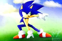 Size: 3000x2000 | Tagged: safe, artist:kjuly, sonic the hedgehog, hedgehog, 2018, abstract background, grass, hand on ground, looking offscreen, male, outdoors, signature, skidding, smile, solo