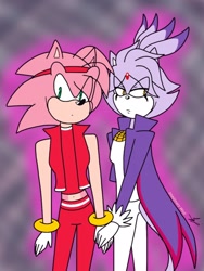 Size: 1620x2160 | Tagged: safe, artist:0oimaginarywolfo0, amy rose, blaze the cat, cat, hedgehog, 2021, abstract background, amy x blaze, clothes, duo, eyes clipping through hair, frown, gay, gender swap, glowing, holding hands, lidded eyes, looking at viewer, looking offscreen, male, males only, outline, r63 shipping, standing