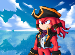 Size: 2048x1502 | Tagged: safe, artist:siridreamer, knuckles the echidna, echidna, sonic prime, abstract background, clouds, knuckles the dread, looking offscreen, male, ocean, smile, solo, standing