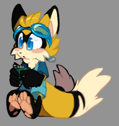 Size: 1029x1087 | Tagged: safe, artist:sugarhog-au, miles "tails" prower, fox, :o, alternate universe, blushing, clothes, goggles, grey background, holding something, looking offscreen, male, mouth open, pawpads, simple background, solo, standing