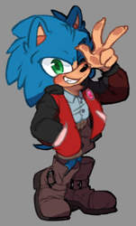 Size: 826x1372 | Tagged: safe, artist:sugarhog-au, sonic the hedgehog, hedgehog, alternate universe, blushing, boots, claws, clothes, grey background, hand in pocket, jacket, looking at viewer, male, pawpads, shirt, shorts, simple background, smile, solo, standing, v sign, wink