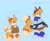 Size: 2047x1692 | Tagged: safe, artist:sonicattos, miles "tails" prower, fox, belt, blue background, blue shoes, blushing, character name, classic tails, clothes, coat, cute, duality, ear fluff, english text, goggles, goggles on head, looking at viewer, modern tails, overalls, redesign, scarf, simple background, smile, solo, standing, tailabetes