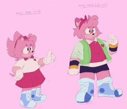 Size: 2047x1763 | Tagged: safe, artist:sonicattos, amy rose, hedgehog, character name, classic amy, clothes, duality, english text, female, looking offscreen, modern amy, pink background, simple background, smile, solo, standing