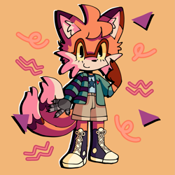 Size: 1999x1999 | Tagged: safe, artist:saturnsoda, miles "tails" prower, fox, claws, clothes, cute, eyelashes, looking offscreen, male, simple background, smile, solo, standing, tailabetes, yellow background, yellow sclera