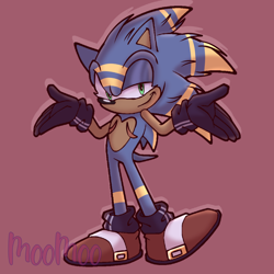 Size: 1280x1280 | Tagged: safe, artist:littlecowmoo, sonic the hedgehog, hedgehog, black gloves, looking at viewer, male, messy hair, red background, redesign, shrugging, simple background, smile, solo, top surgery scars, trans male, transgender