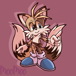 Size: 1280x1280 | Tagged: safe, artist:littlecowmoo, miles "tails" prower, fox, belt, blue shoes, claws, freckles, gloves off, looking offscreen, male, pointing, red background, redesign, signature, simple background, smile, solo, standing