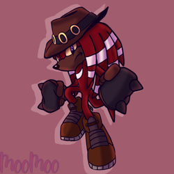 Size: 1280x1280 | Tagged: safe, artist:littlecowmoo, knuckles the echidna, echidna, brown gloves, brown shoes, clenched fists, frown, hat, looking at viewer, male, red background, redesign, ring, signature, simple background, solo