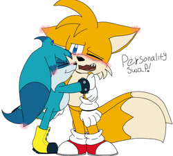 Size: 1101x992 | Tagged: safe, artist:strawbee-strawberries, kit the fennec, miles "tails" prower, fox, blushing, blushing ears, duo, english text, fangs, fennec, flat colors, gay, hugging, kitails, male, males only, mouth open, one eye closed, personality swap, shipping, simple background, smile, standing, white background