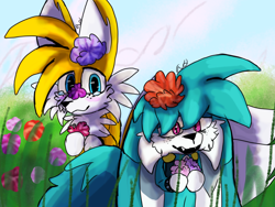 Size: 1600x1200 | Tagged: safe, artist:adfeelsthings, kit the fennec, miles "tails" prower, fox, abstract background, blushing, duo, fennec, flower, flower in ear, freckles, gay, grass, holding something, kitails, looking at something, looking at them, male, males only, outdoors, shipping, smile