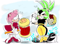 Size: 2048x1497 | Tagged: safe, artist:projectshadovv, amy rose, surge the tenrec, hedgehog, tenrec, abstract background, blushing, confused, duo, electricity, female, females only, flower bouquet, frown, heart, holding something, lesbian, looking at them, piko piko hammer, question mark, shipping, smile, standing, surgamy, sweatdrop, tapping foot