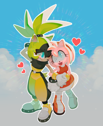 Size: 2048x2482 | Tagged: safe, artist:paiirupie, amy rose, surge the tenrec, hedgehog, tenrec, abstract background, blushing, clouds, duo, female, females only, hand behind head, heart, lesbian, linking arms, looking at each other, nervous, one eye closed, outline, shipping, smile, standing, surgamy