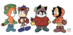Size: 1506x722 | Tagged: safe, artist:dinoskarart, bear, duck, raccoon, barely sonic related, beanie, bottomless, child, clothes, crossover, eric cartman, group, hat, kenny mccormick, kyle broflovski, male, males only, mobianified, red panda, signature, simple background, south park, stan marsh, standing, white background