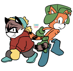 Size: 1388x1367 | Tagged: safe, artist:dinoskarart, raccoon, sonic adventure 2, barely sonic related, child, crossover, duo, eric cartman, frown, kyle broflovski, looking at viewer, male, males only, mobianified, posing, red panda, signature, simple background, smile, south park, white background